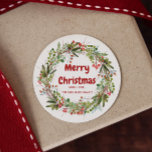 Elegant Watercolor Wreath Christmas   Classic Round Sticker<br><div class="desc">Watercolor painted red-green berries and branches winter Christmas wreath sticker. Customizable!</div>