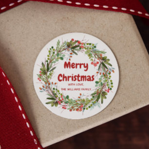 Elegant Watercolor Wreath Christmas   Classic Round Sticker