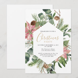 Elegant Watercolor Wreath Gold Christmas Party Invitation