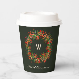 Elegant Watercolor Wreath Monogrammed Christmas Paper Cups