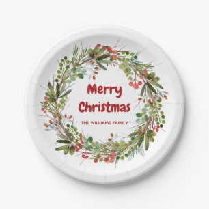Elegant Watercolor Wreath Personalized Christmas  Paper Plate