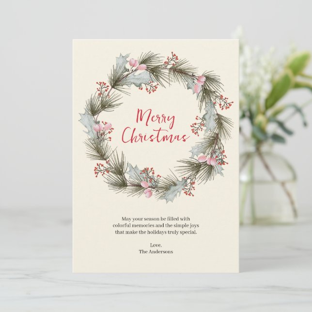 Elegant Watercolor Wreath Personalized Photo  Holiday Card (Standing Front)