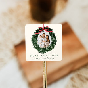 Elegant Watercolor Wreath with Bow Photo Holiday Square Sticker