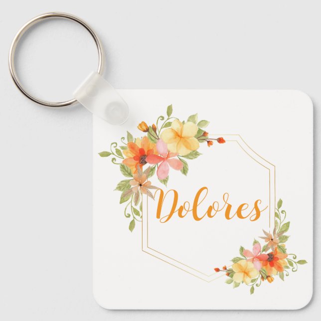 Elegant Watercolor Yellow Floral Monogram Name Keychain (Front)