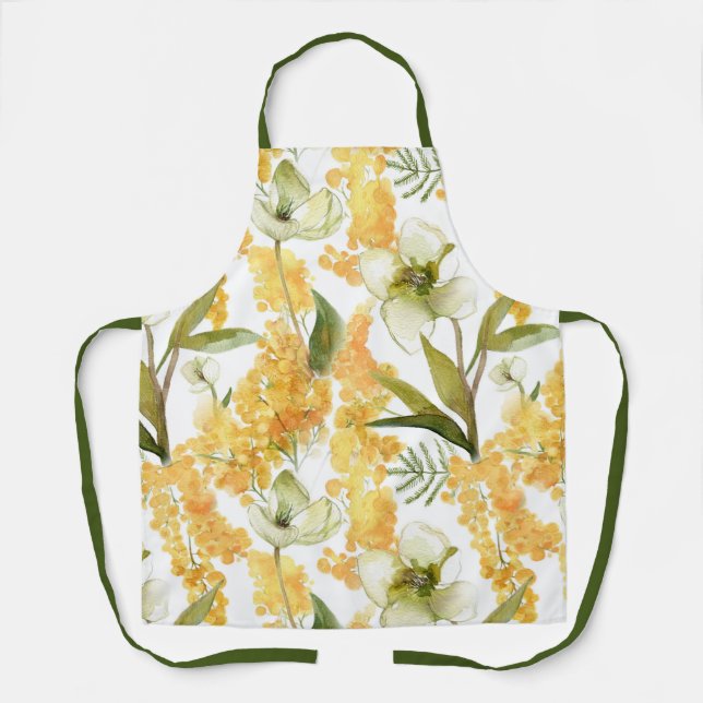 Elegant Watercolor Yellow Green Botanical Floral Apron (Front)