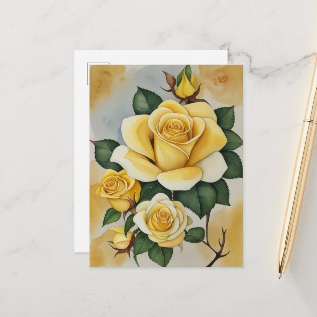 Elegant Watercolor Yellow Roses  Postcard (Front/Back In Situ)