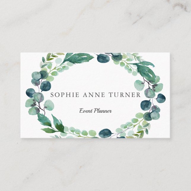 Elegant Watercolour Eucalyptus Wreath Business Card (Front)