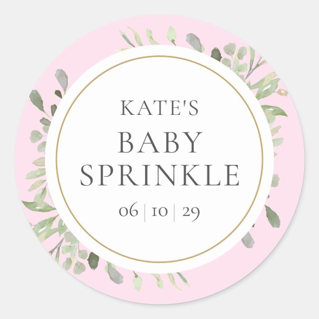 Elegant Watercolour Greenery Baby Girl Sprinkle Classic Round Sticker (Front)