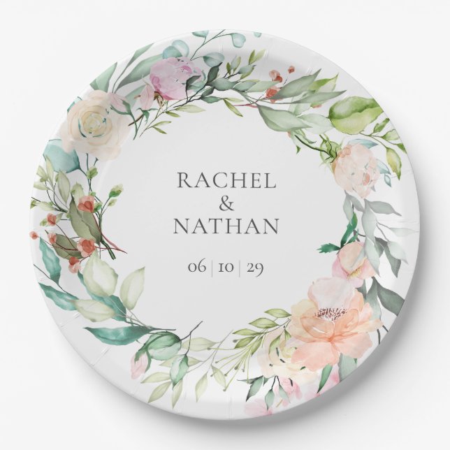 Elegant Watercolour Greenery Floral  Wedding Paper Plate (Front)