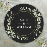 Elegant Watercolour Greenery Wedding Black Favour Classic Round Sticker<br><div class="desc">Featuring delicate watercolour leaves on a black background with a gold frame enclosing your personalized names and special wedding date. Designed by Thisisnotme©</div>