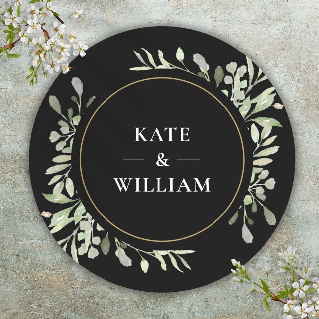 Elegant Watercolour Greenery Wedding Black Favour Classic Round Sticker (Elegant Watercolour Greenery Wedding Black Favor Classic Round Sticker)