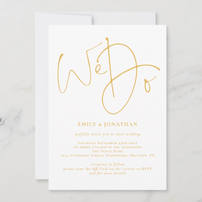 Elegant We Do Golden Script QR Code Wedding Invitation (Front)