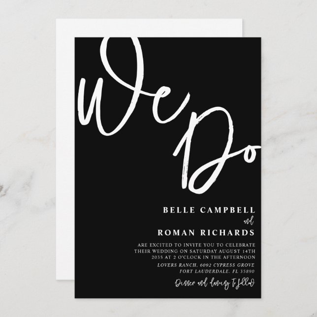 Elegant We Do Script Black and White Wedding  Invitation (Front/Back)