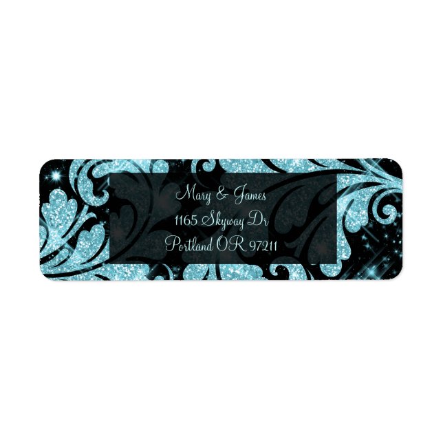 Elegant Wedding Address Blue Floral Glitter Swirl (Front)