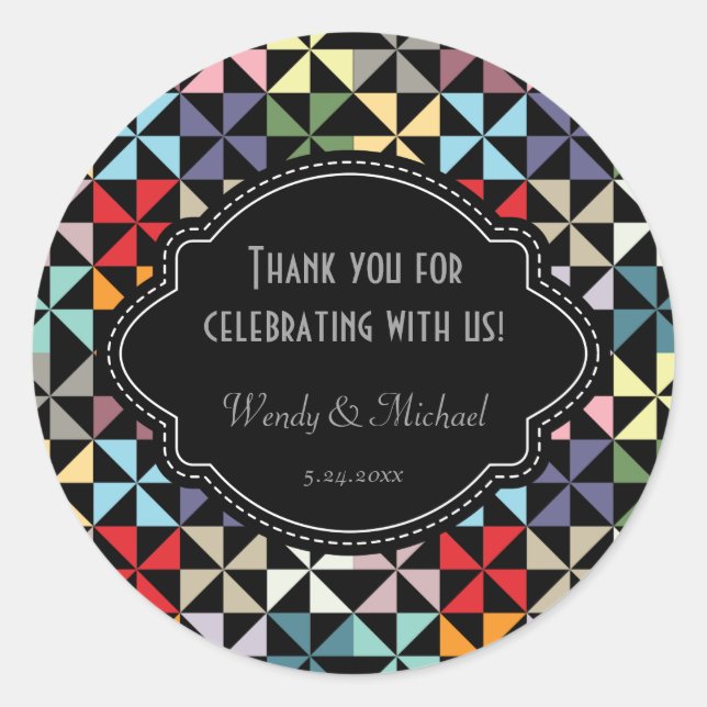 Elegant Wedding Anniversary Black Pinwheel Pattern Classic Round Sticker (Front)