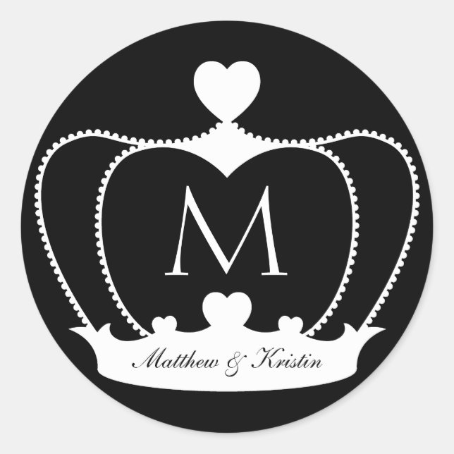Elegant Wedding B&W Monogram Crown Sticker (Front)