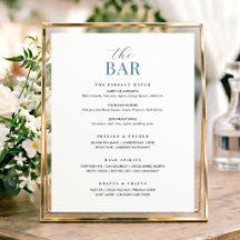 Elegant Wedding Bar Menu Sign Chic Minimalist Blue