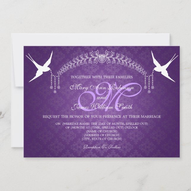 Elegant Wedding Birds Monogram Purple Invitation (Front)
