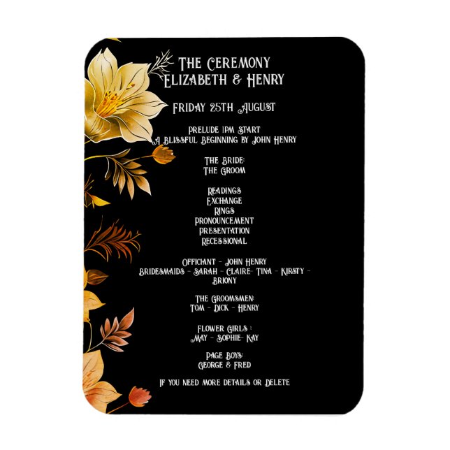 Elegant Wedding Black and Gold Floral Invitations Magnet (Vertical)