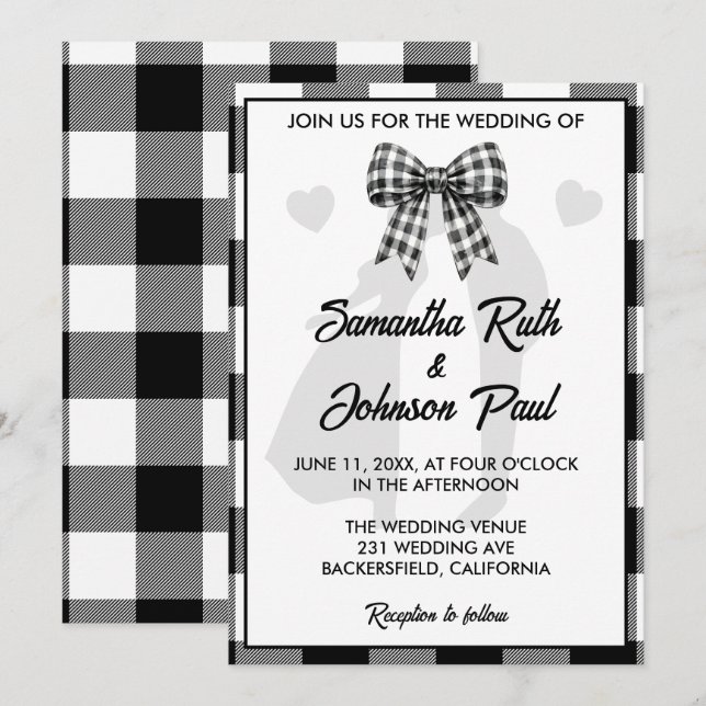 Elegant Wedding Black & White Gingham Bow Invitation (Front/Back)