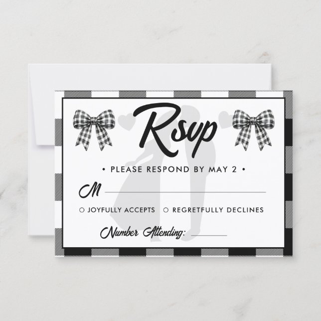 Elegant Wedding Black & White Gingham Bow RSVP Card (Front)