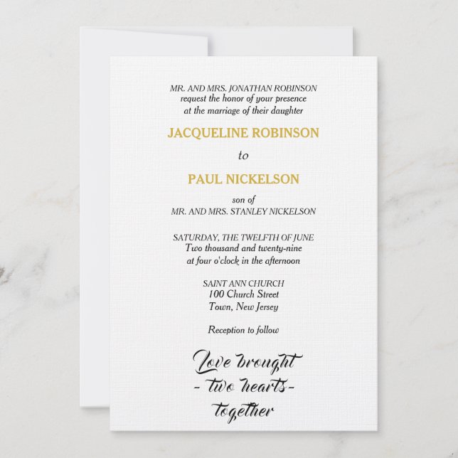 Elegant Wedding Black White Gold Two Hearts Invitation (Front)