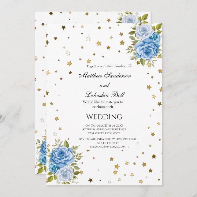 Elegant Wedding Blue flowers gold stars Invitation (Front/Back)