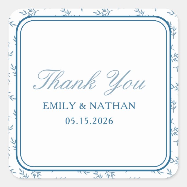 Elegant Wedding Blue Garden Personalized Thank You Square Sticker (Front)