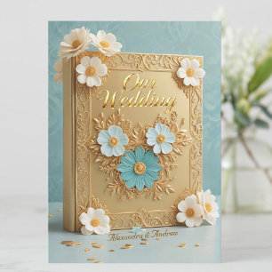Elegant Wedding Book Blue White Gold Flowers Invitation