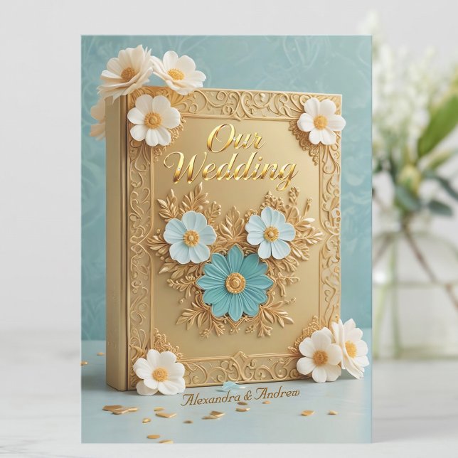 Elegant Wedding Book Blue White Gold Flowers Invitation (Creator Uploaded)