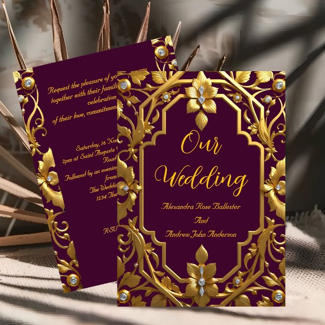 Elegant Wedding Burgundy Gold Ornate Frame Floral Invitation (Creator Uploaded)