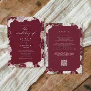 Elegant Wedding Burgundy Hydrangea Fall All in One Invitation