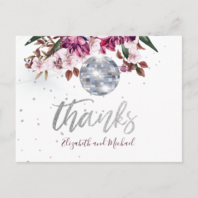 Elegant Wedding Burgundy Silver Disco Thank You Postcard (Front)