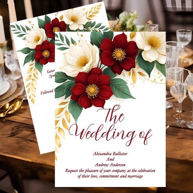 Elegant Wedding Burgundy White Gold Flowers Invitation (Creator Uploaded)