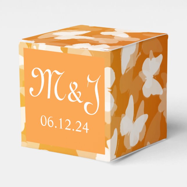 Elegant Wedding Butterflies Monogram Orange Favor Box (Front Side)