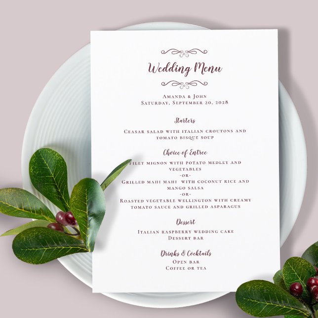 Elegant Wedding Calligraphy Burgundy Dinner Menu (Creator Uploaded)