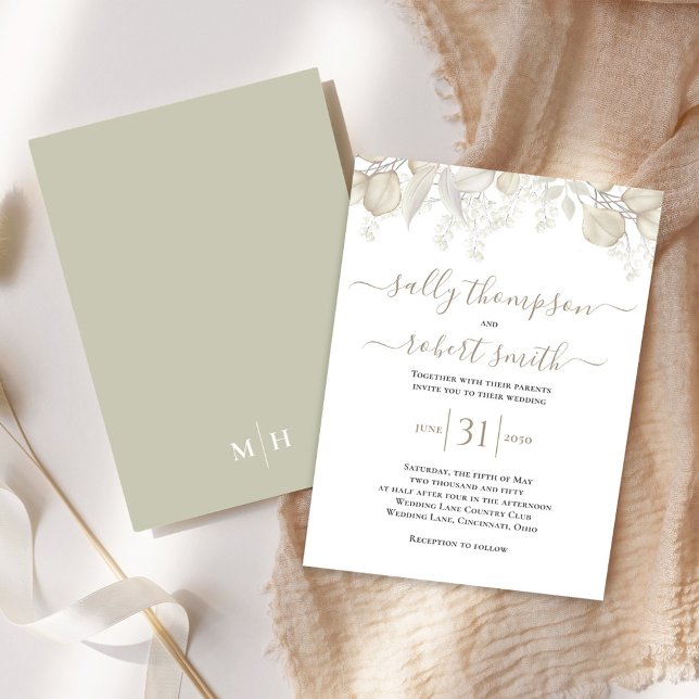 Elegant Wedding Calligraphy Script Greenery Invitation (Simple and elegant sage green and cream foliage wedding invitation.)