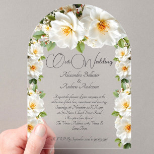 Elegant Wedding Camelias White Yellow Flowers Acrylic Invitations