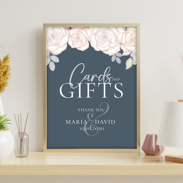 Elegant Wedding Cards and Gifts Sign Dusty Grey (Dusty blue cards and gifts wedding sign with blush watercolor roses and elegant script.)