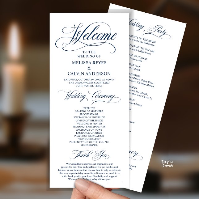 Elegant Wedding Ceremony Order, Classy Navy Blue Program (Elegant Wedding Ceremony Order, Party, Memorial, Classy Program Card in Navy Blue)
