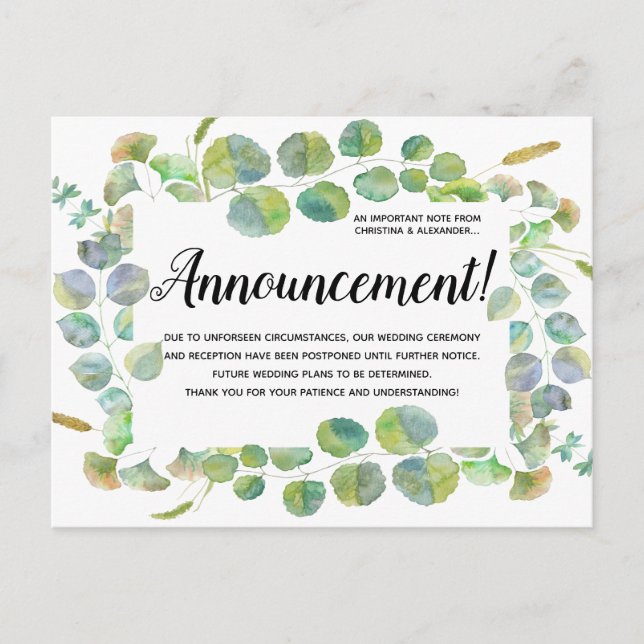Elegant Wedding Change of Plan Postponed Cancelled Postcard (Front)