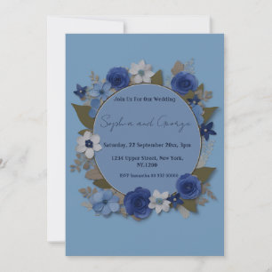Elegant Wedding Circle Flowers Silver Navy Invitation