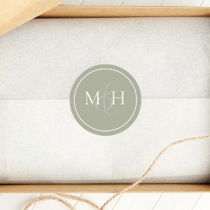 Elegant Wedding Classic Minimalist Monogram Green  Round Sticker