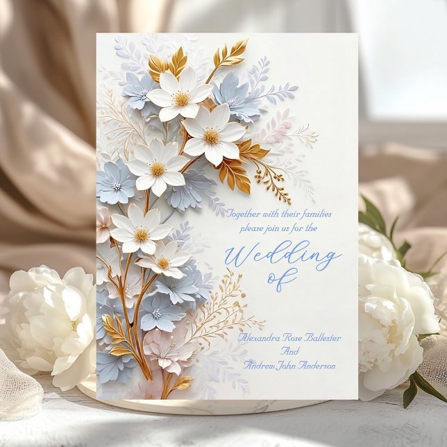 Elegant Wedding Cornflower Blue White Gold Flowers Invitation (Creator Uploaded)