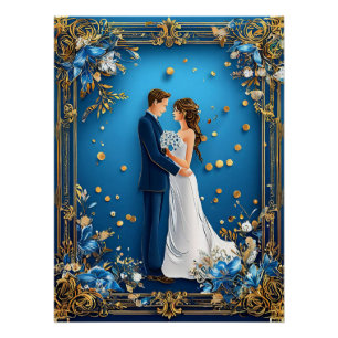Elegant Wedding Couple Embracing with Floral Frame Poster