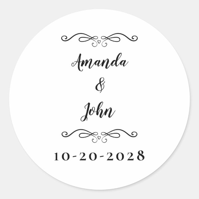 Elegant Wedding Couples Names Chic Black White Cla Classic Round Sticker (Front)