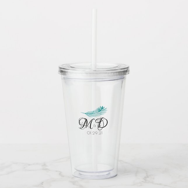 Elegant Wedding Couples Palm Leaf Anniversary Acrylic Tumbler (Front)