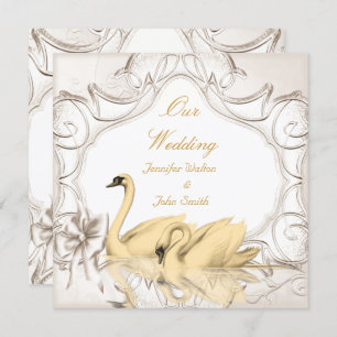 Elegant Wedding Cream Gold White Swans Bow Set Invitation