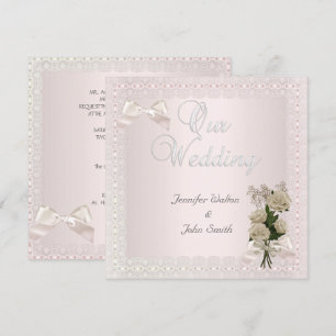 Elegant Wedding Cream Pink Lace Bow Rose Invitation