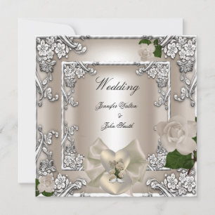 Elegant Wedding Cream Rose Silver White Invitation